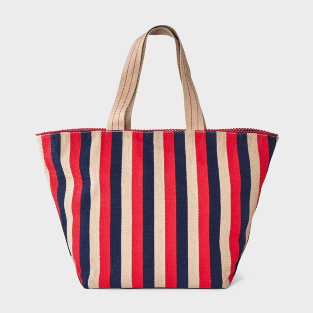 Universal Thread Reversible Striped Canvas Tote - Red, Tan, and Blue